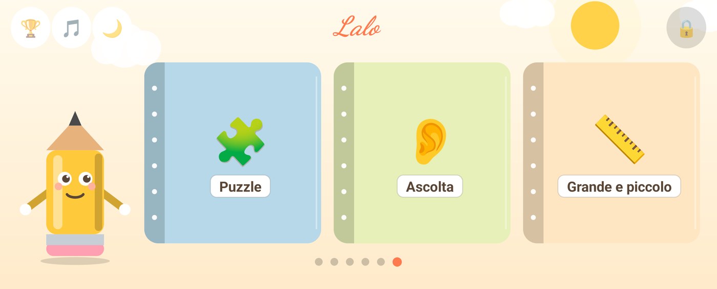 The menu — eighteen activities, the two new ones at the end of the carousel
