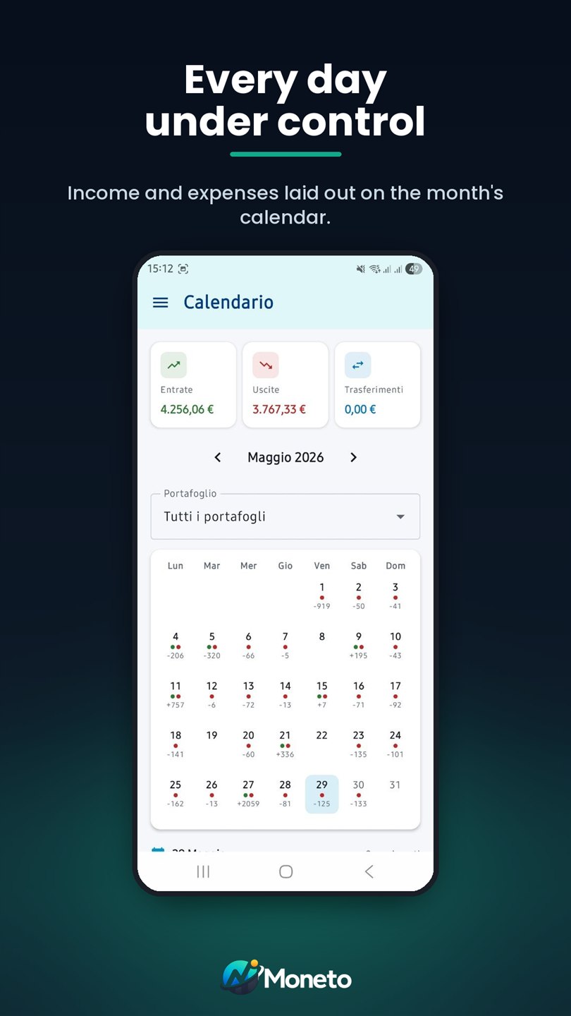 Calendario — entrate e uscite giorno per giorno