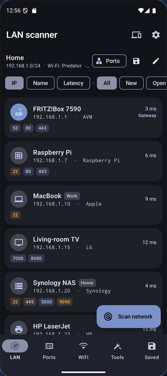 Scanner LAN — ogni dispositivo con IP, produttore e latenza