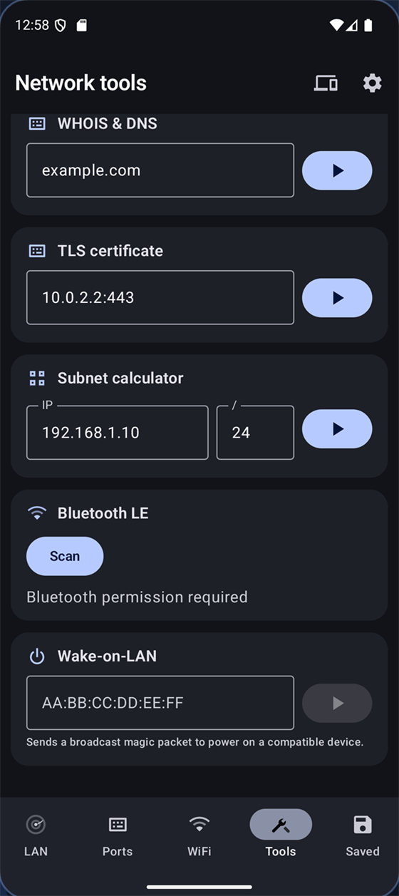 Strumenti — WHOIS, DNS, certificati TLS, subnet, Wake-on-LAN