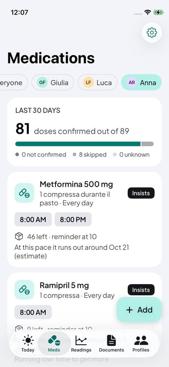 Medications: times, stock and the last 30 days of confirmations