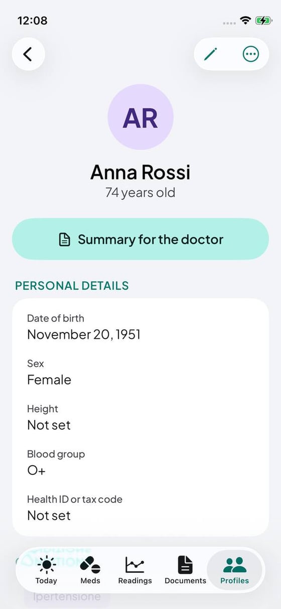 A person's profile, with the PDF summary for the doctor