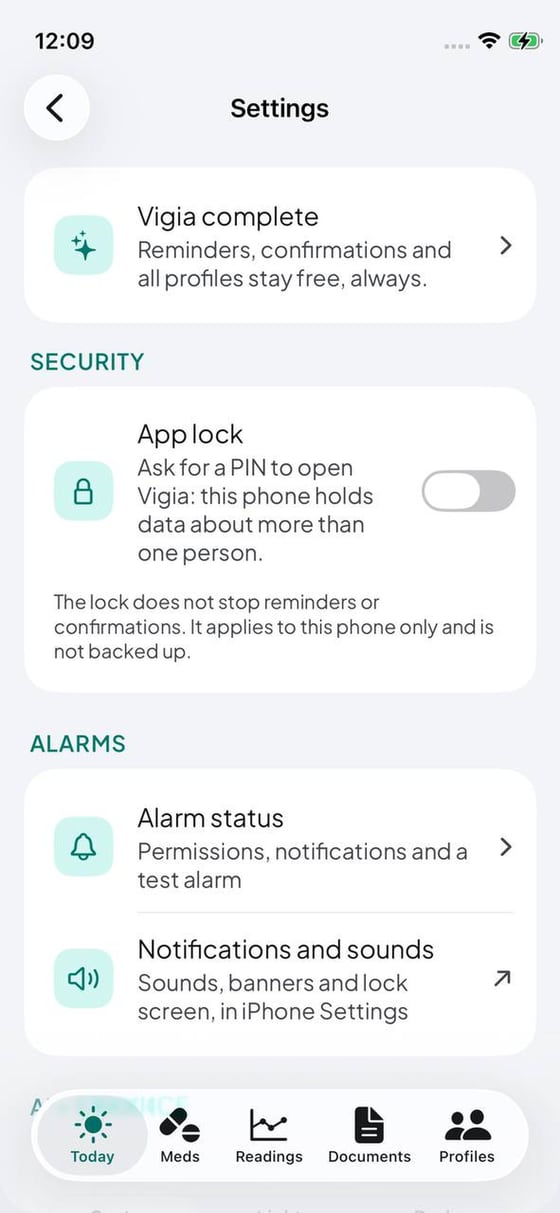 Settings: app lock and alarm status