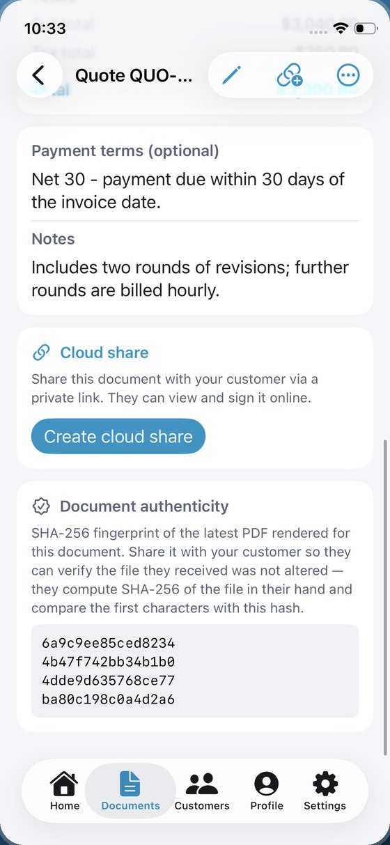 Termini di pagamento, condivisione con link privato e l'impronta che certifica il PDF.