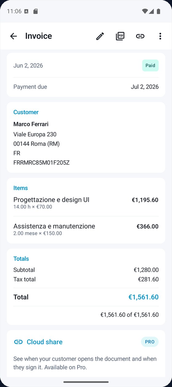 Dettaglio — cliente, righe, totali e imposte