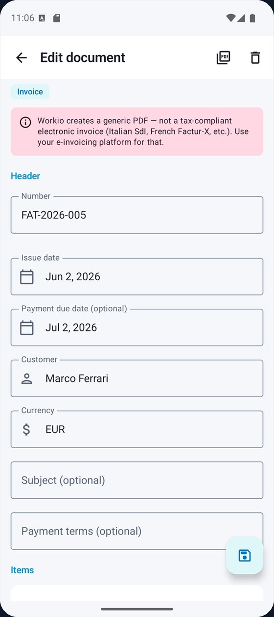 Editor — numero, date, cliente e valuta del documento
